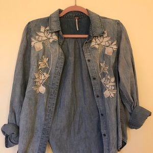 Free People floral embroidered denim shirt